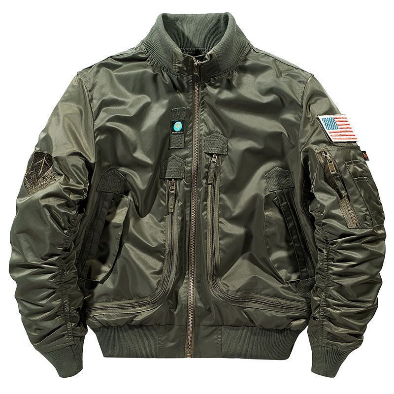 Men's Flight Jacket - Oversized Tactical Bomber Jacket With Stand Collar Embroidered Baseball Style Waterproof & Windproof (Khaki, Black, Army Green)_voghion.com