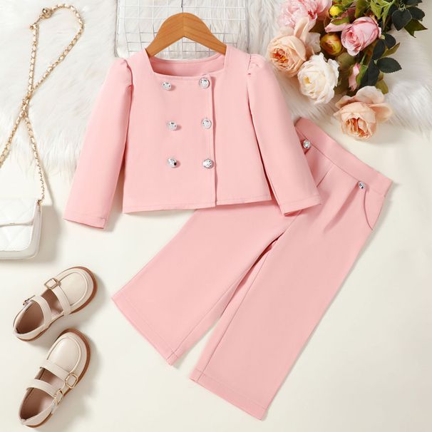 Completo due pezzi per bambine, in tinta unita, con colletto quadrato, a palloncino, a maniche lunghe, con giacca e pantaloni a gamba larga, per la primavera e l'autunno della mamma e dei bambini_voghion.com