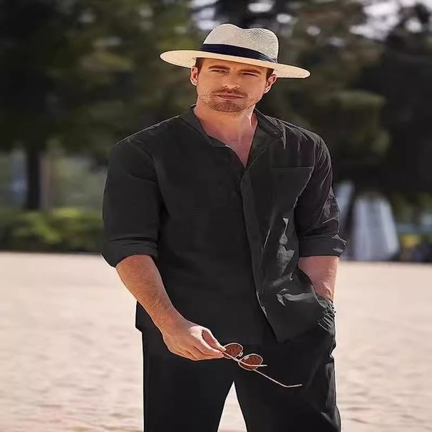 Herrenbekleidung Strand Freizeitanzug einfarbig Stehkragen Hemd Langarm Hose zweiteiliger Anzug_voghion.com