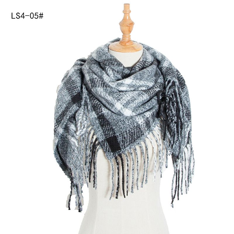 2022 New Loop Yarn Striped Plaid Polyester Long Tassel Wool Square Scarf Women's Shawl_voghion.com