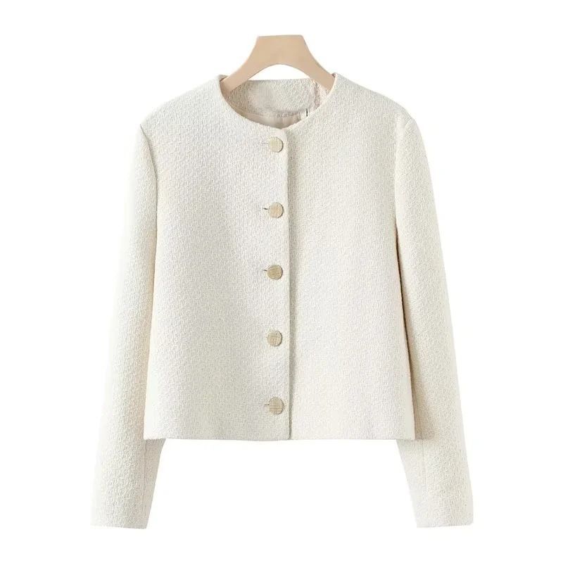 Women's round neck buttoned textured suit jacket_voghion.com