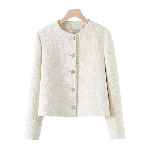 Women's round neck buttoned textured suit jacket_voghion.com