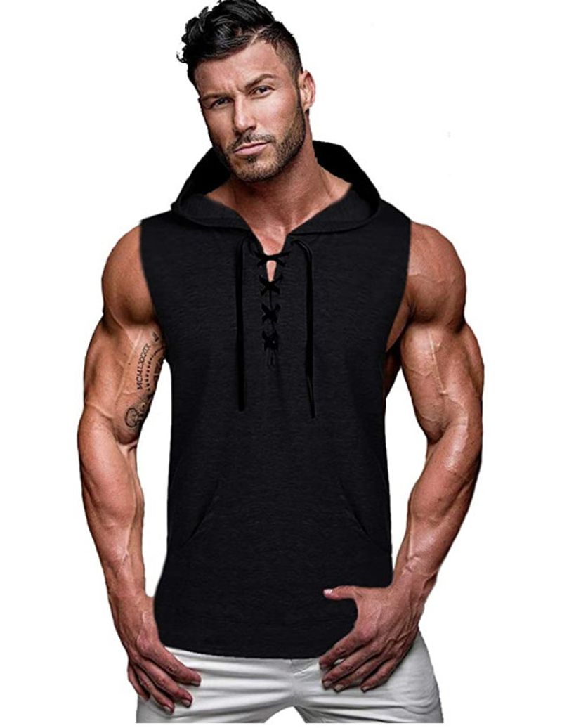  new European and American men's sports and leisure solid color hooded lace-up T-shirt sleeveless vest for men_voghion.com