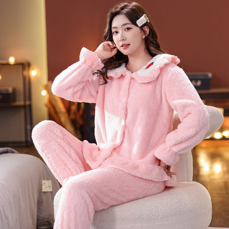 Pijamale din flanel pentru femei în iarna 2023, cardigan în stil prințesă dulce, pantaloni lungi cu mâneci, ținută de casă din două piese_voghion.com