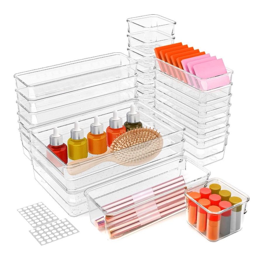 Bins Desk Trays 25Pcs Set Drawer Storage Clear Plastic Dividers Organizers 4 Drawer Sizes_voghion.com