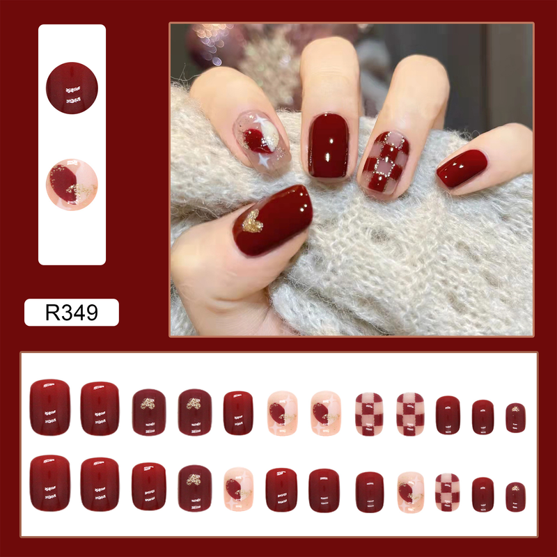 Kantavad küüned Eemaldatavad küünetükid Maroon Sweetheart White malelaud Love Maniküür Küünekleebised Küünekleebised_voghion.com