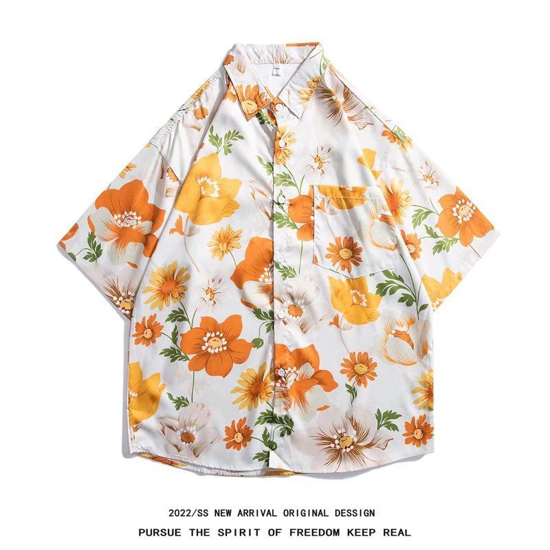 Men's Clothing style island Sanya vacation seaside flower shirt short sleeve 2024 new loose retro men and women couples same style_voghion.com