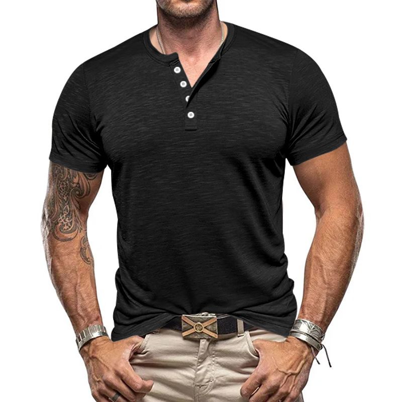 2025d Summer New Men's Bamboo Knot Henley Button Casual Solid Color Plus Size Short Sleeve T-Shirt_voghion.com
