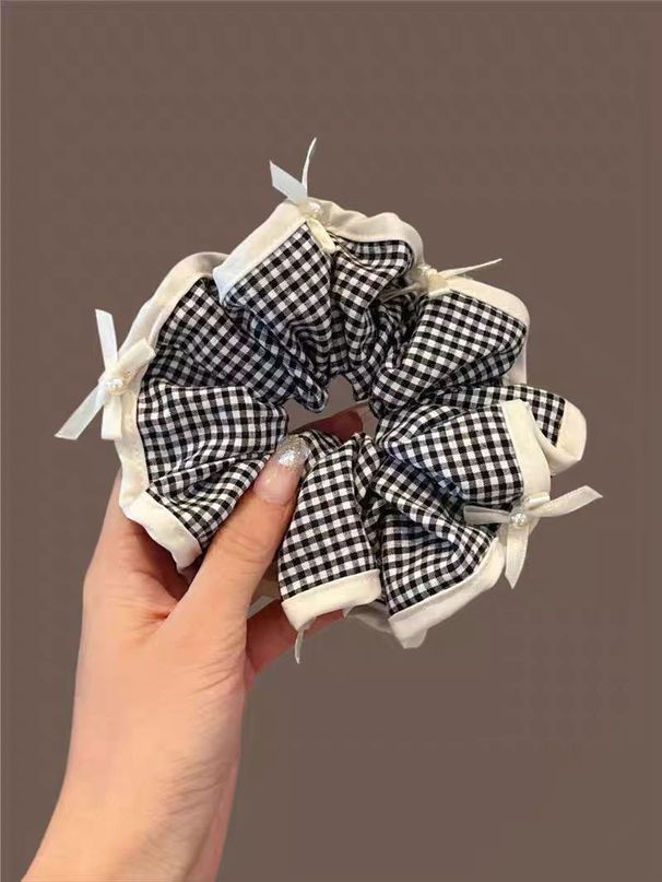 Fascia per capelli con fiocco in tessuto scozzese bianco e nero, per intestino crasso, dolce, elastica per capelli, accessori per capelli coreani, delicati e versatili_voghion.com