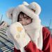 Cappello con orso carino, sciarpa calda integrata, sciarpa con cappuccio, guanti da donna autunnali e invernali, cappello con orecchie, peluche alla moda_voghion.com