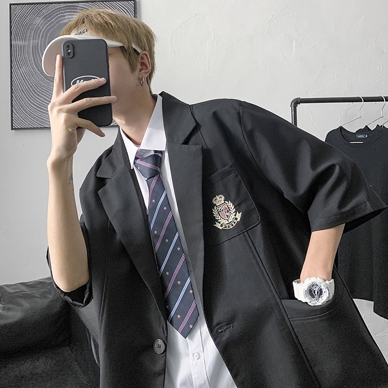 Short sleeved suit jacket, men's Instagram trendy and handsome badge, loose summer uniform, student casual suit_voghion.com
