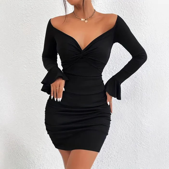 Women's V-neck Flare Long Sleeve Black Bodycon French Elegant Dress_voghion.com
