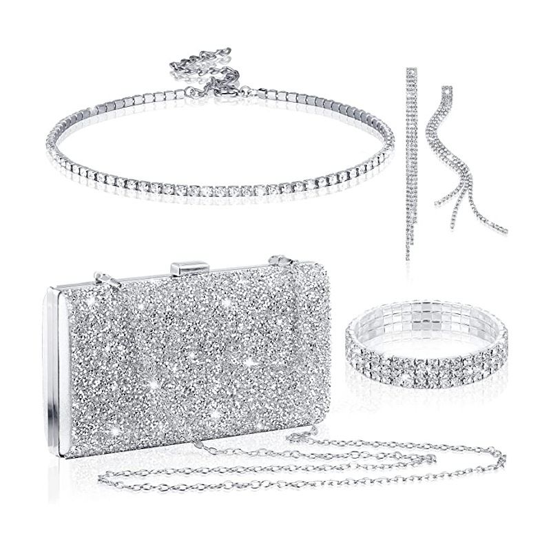 Damentaschen: Braut-Strasskette, Quastenohrringe, Diamantarmband, quadratische Schachtel mit Diamantbesatz, Dinnertasche, Schmuckset, vierteiliges Set_voghion.com
