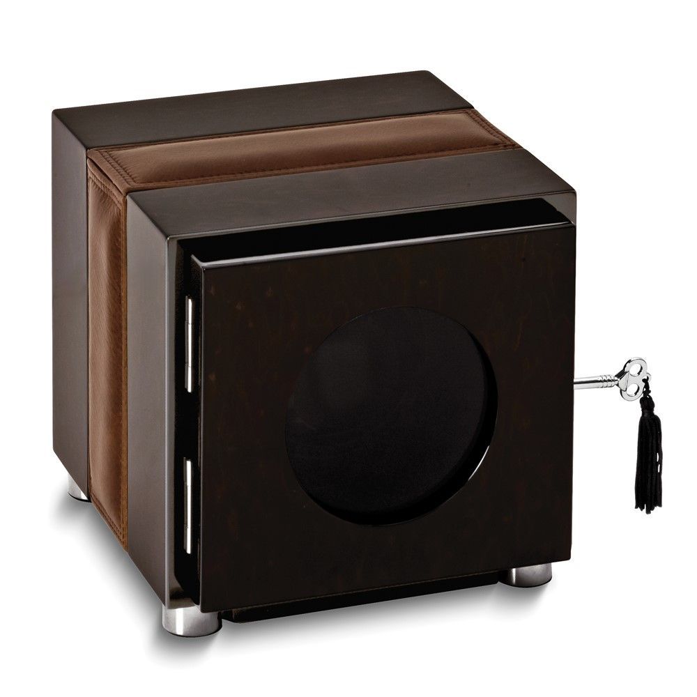 Rotations High Gloss Finish Wood And Leather Trimmed Locking Single Watch Winder (AC Or Batteries)_voghion.com