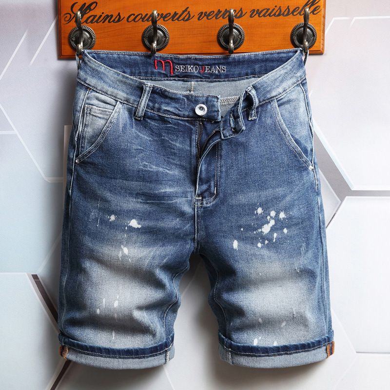 Pantaloni medi da uomo in denim blu a vita media con elastico in vernice invecchiata_voghion.com