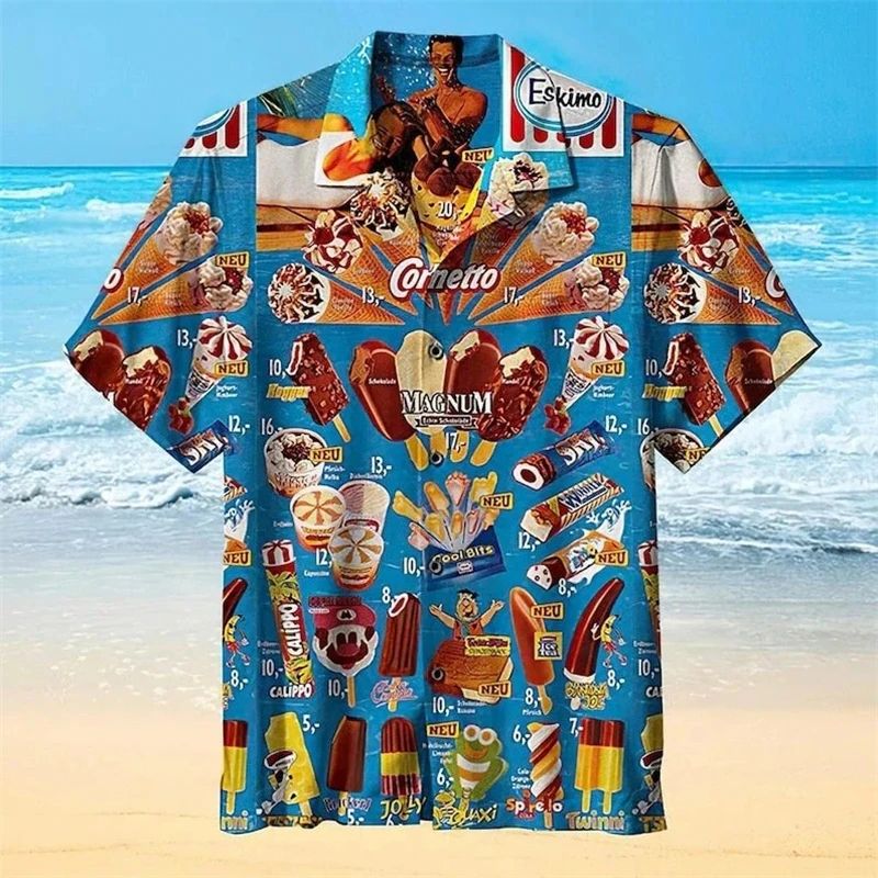 Camicie alla moda alla moda con gelato, per feste in spiaggia, stampa 3D, camicia hawaiana unisex, manica corta, camicetta oversize con risvolto_voghion.com
