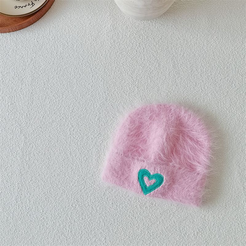 Kinderpetten Meisjes nerts Velvet Love geborduurde trui hoed Snoepkleurige rolrand zachte warme huid Herfst en winter_voghion.com