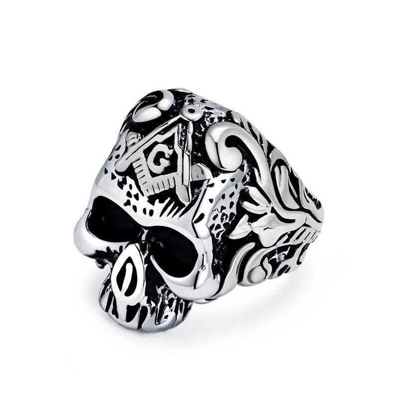 Anello massonico in titanio e acciaio con teschio in stile retrò, per uomo, personalità dominante, gioiello da mano._voghion.com