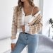 Women's Clothing Contrast Striped Lantern Striped Batwing Sleeve Cardigan Sweater - Short Length V-Neck Fall/Winter Knit Top (Khaki, Burgundy, Black)_voghion.com