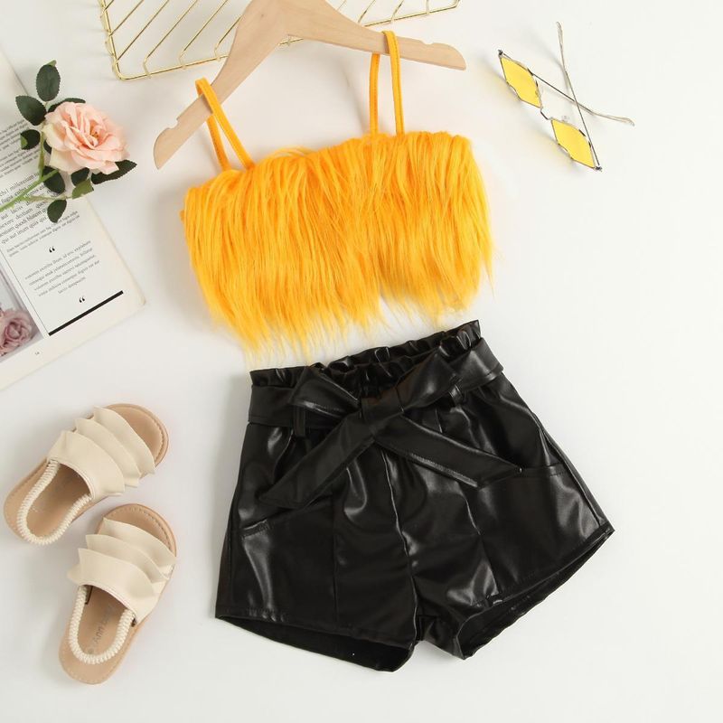 Abbigliamento per bambini Top in pelliccia con scollo all'americana Tailleur pantalone in pelle tinta unita con tasche aperte e cintura_voghion.com