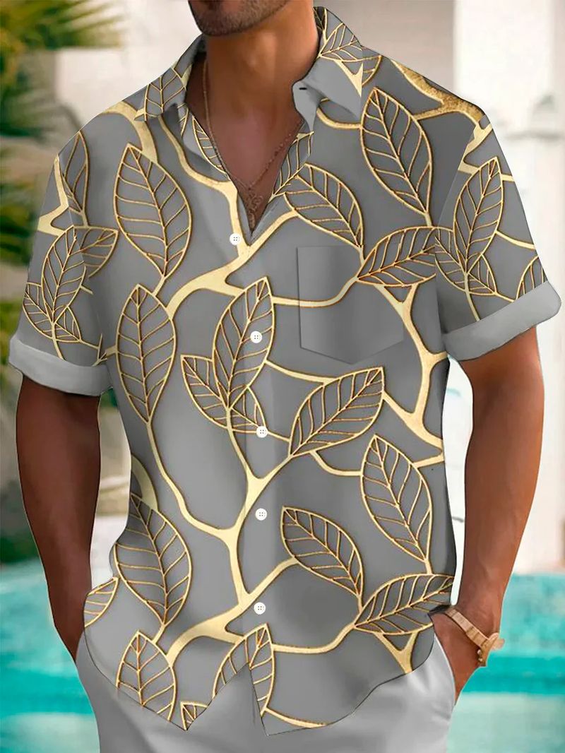 2024 Hawaiian Botanical Gold Leaf Print Herren Button Shirt Sommer Turndown Kurzarm Fashion Street_voghion.com