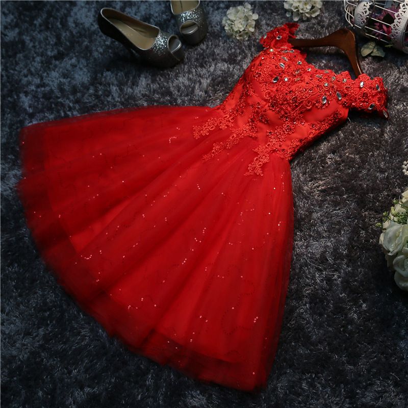 Women’s Clothing Bridesmaid Dress Autumn New One Shoulder Bride Wedding Strappy Performance Dress Small Dress Short Skirt Red Women's Skirt_voghion.com