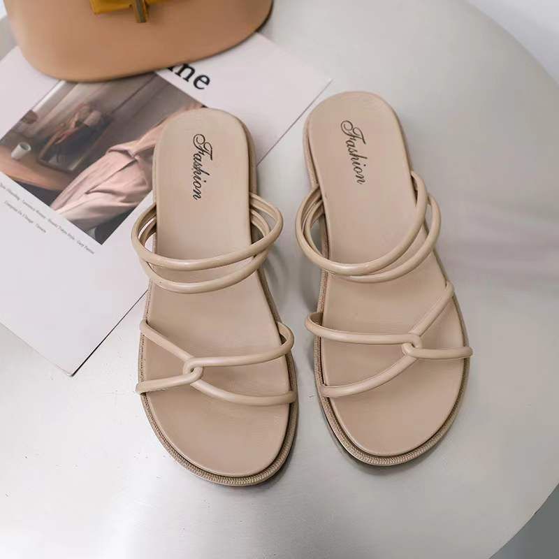 Trendy Fashion Vielseitige einfarbige flache rutschfeste Hausschuhe mit einem Riemen Neue Sommer-Outdoor-Sandalen für Damen im koreanischen Stil_voghion.com