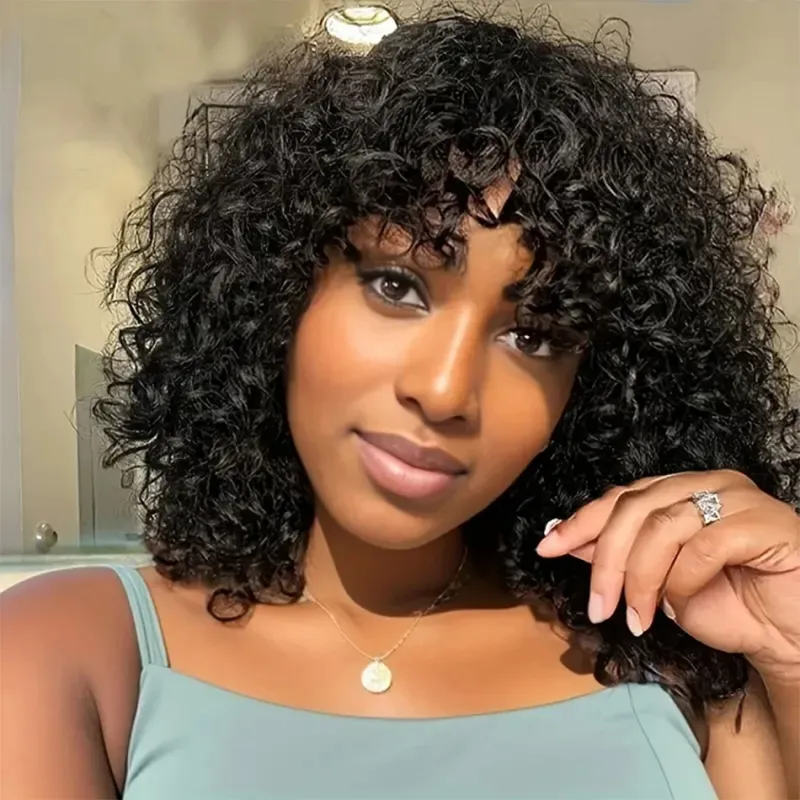 Water Wave Human Hair Wig With Bangs Indian Curly Hair Wigs Full Machine Made Human Hair Wig For Women_voghion.com
