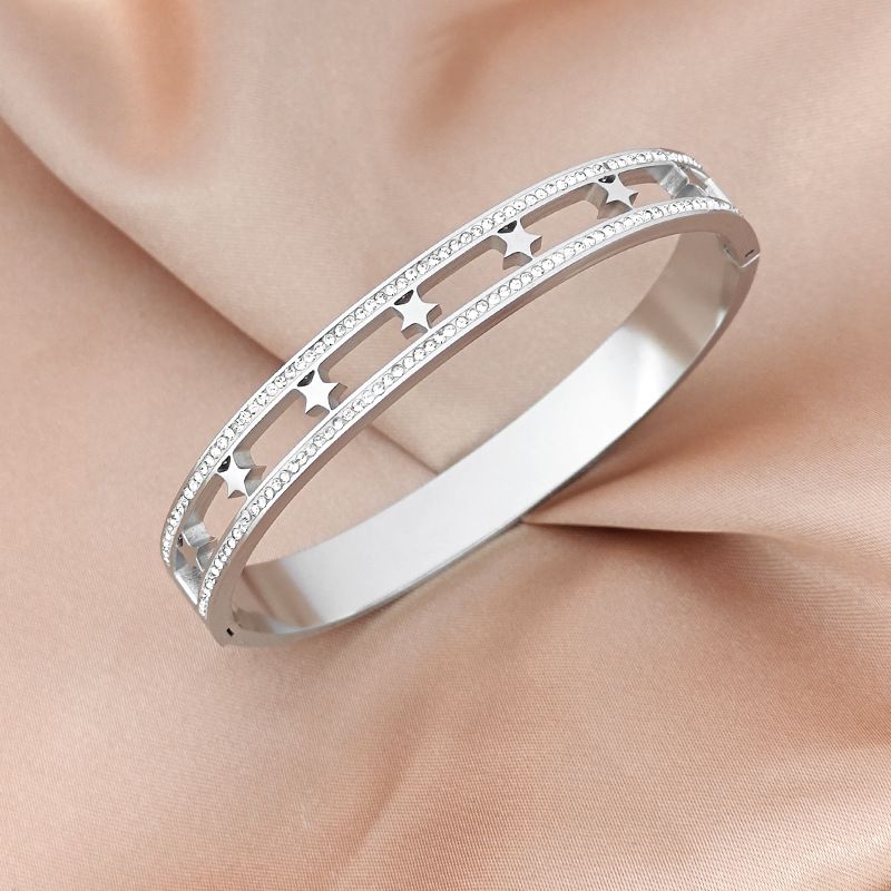 Damenarmbänder Metall Hohl Zweireihig Fünfzackiger Stern Diamant Titan Stahl Armband Weibliches Edelstahl Stern Armband Armband_voghion.com