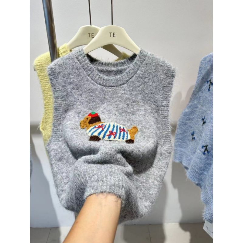 Shoulder round neck college style cartoon knit sweater for women, vest, autumn new style, base, outerwear, high-end vest_voghion.com