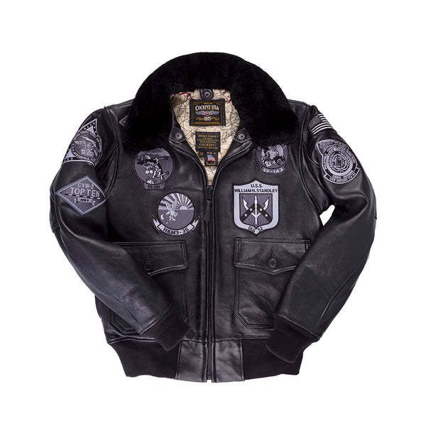 Chaqueta bomber para hombre con forro de borrego: estilo aviador clásico con cuello de piel sintética, poliéster negro, tallas S-5XL para un estilo urbano sofisticado._voghion.com