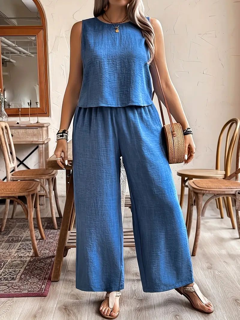 Damenbekleidung Lässige Mode Neue ärmellose Weste mit Schnürung und rückenfreier Hose, zweiteiliges Set_voghion.com