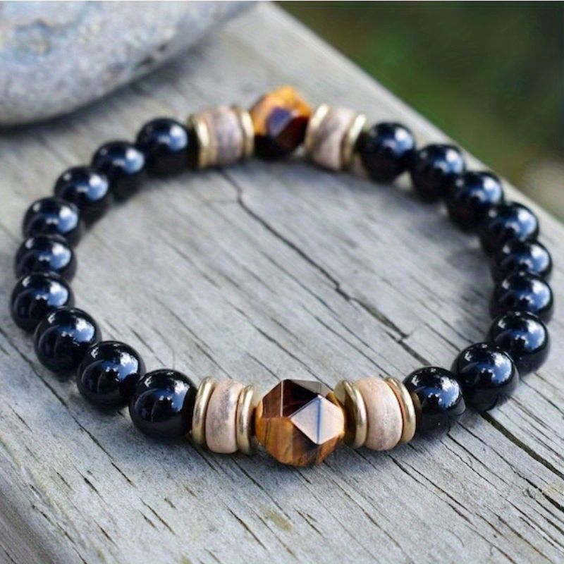 Faceted Tiger Eye & Obsidian Bracelet – Natural Stone Energy Bracelet For Men & Women, Protection & Confidence, Handmade Adjustable_voghion.com