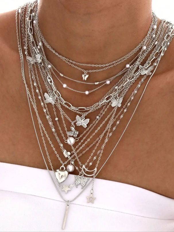14 Fashionable, Elegant, And Minimalist Y2K Pendant Necklace Sets Featuring Butterflies, Hearts, Stars, And Moons, Suitable For Wearing On Vacations,_voghion.com
