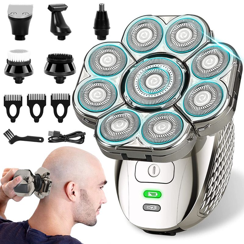 9D Bald Head Shavers 6 In1 Electric Shaver Cordless Wet Dry Rotary Razor For Men_voghion.com