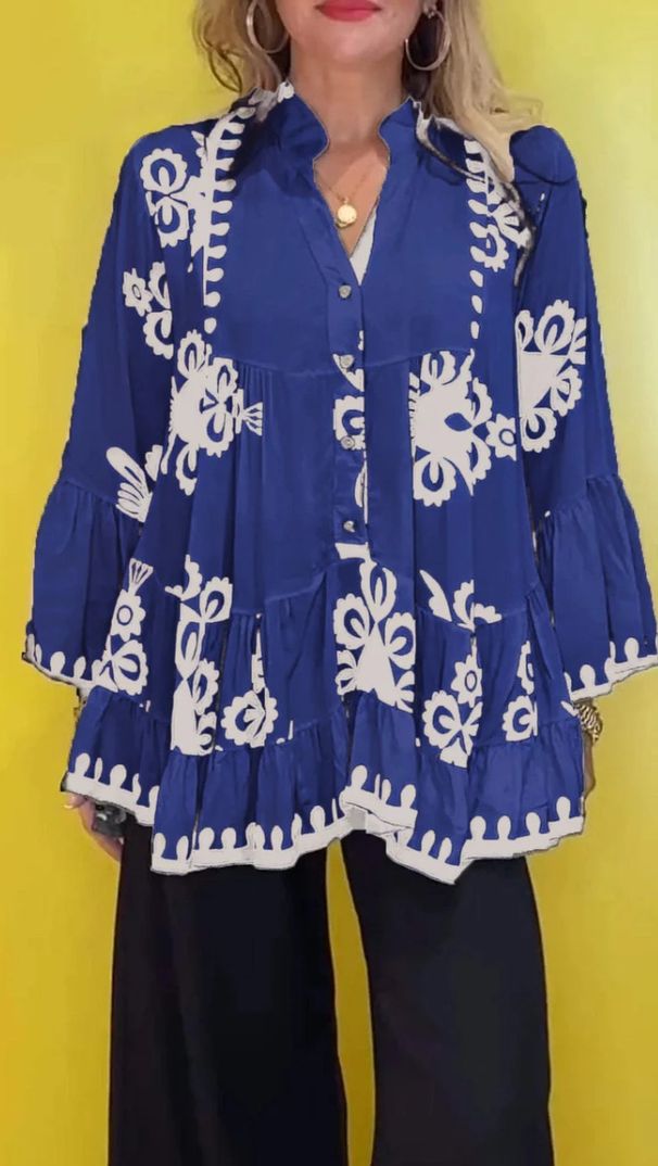 Women's Clothing Irregular Printed V-neck Long-sleeved Ruffled Shirt_voghion.com
