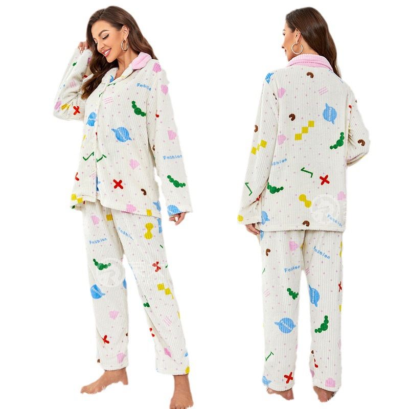Conjunto de pijama listrado de flanela feminino, cardigan com botões, lapela térmica, roupa de dormir, lã coral, calças de manga comprida_voghion.com