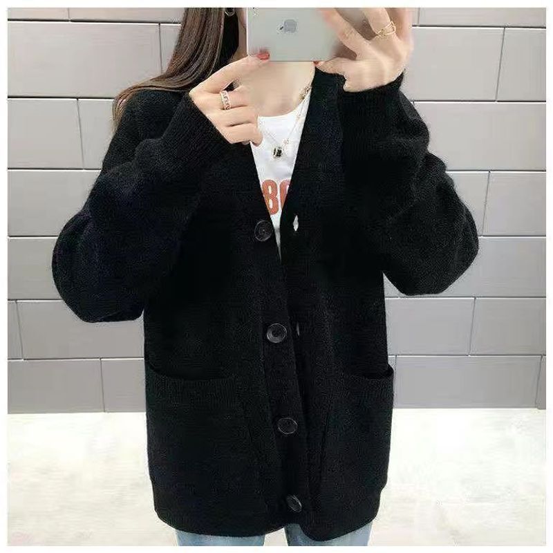 【 Cashmere Family】 Giacca cardigan in lana con scollo a V dal temperamento femminile, maglia larga di grandi dimensioni, abbinata a un corto_voghion.com