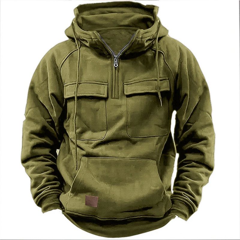 Men's Autumn And Winter Hooded Green Sweatshirt Men's Workwear Solid Color Casual Sweatshirt Jacket_voghion.com