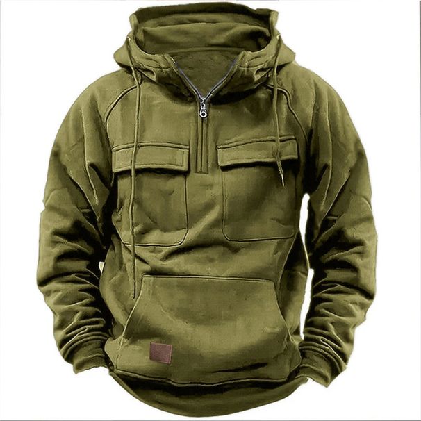 Men's Autumn And Winter Hooded Green Sweatshirt Men's Workwear Solid Color Casual Sweatshirt Jacket_voghion.com