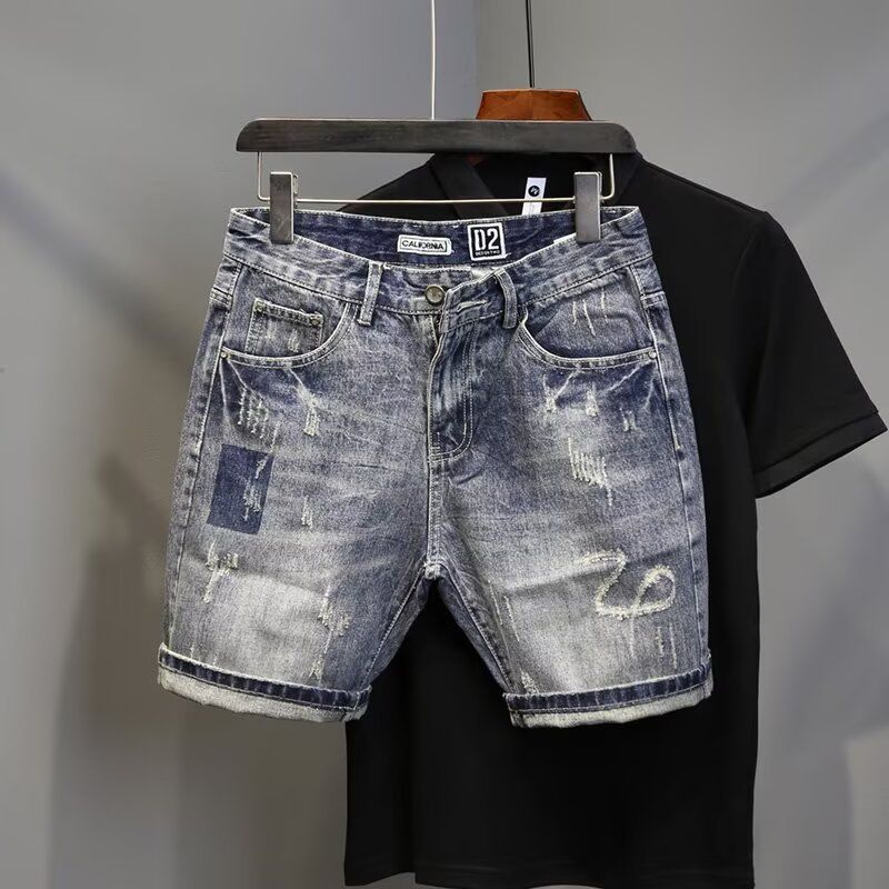 Men's Clothing Ripped Denim Shorts Summer Thin Print Scraped Slim Fit Mid Length Pants Versatile Trendy Five Point Pants_voghion.com