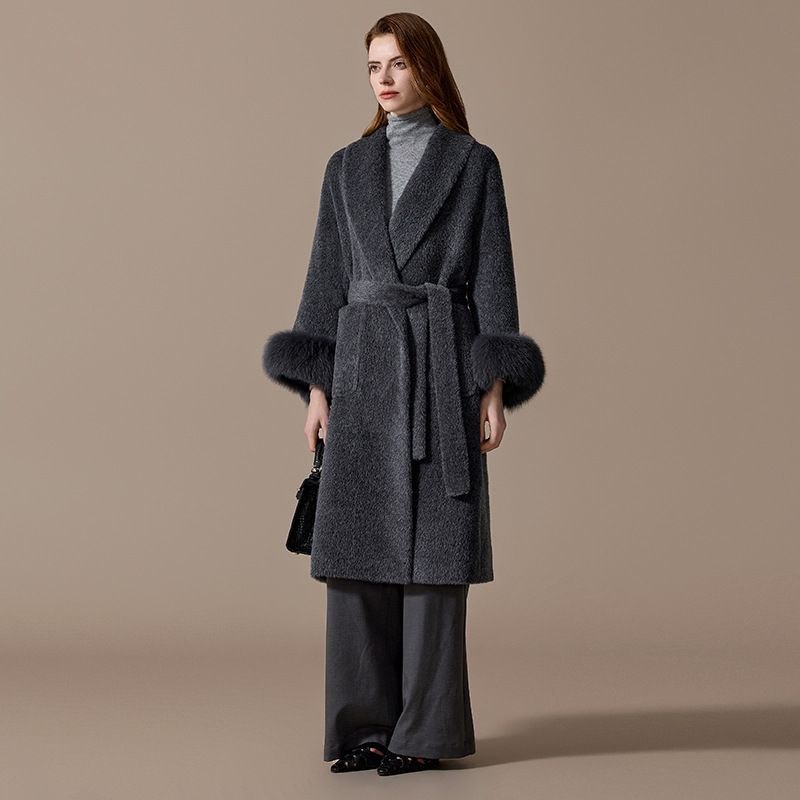 Abrigo de lujo 100% lana de alpaca bebé – Puños de piel de zorro y abrigo largo de invierno para mujer_voghion.com