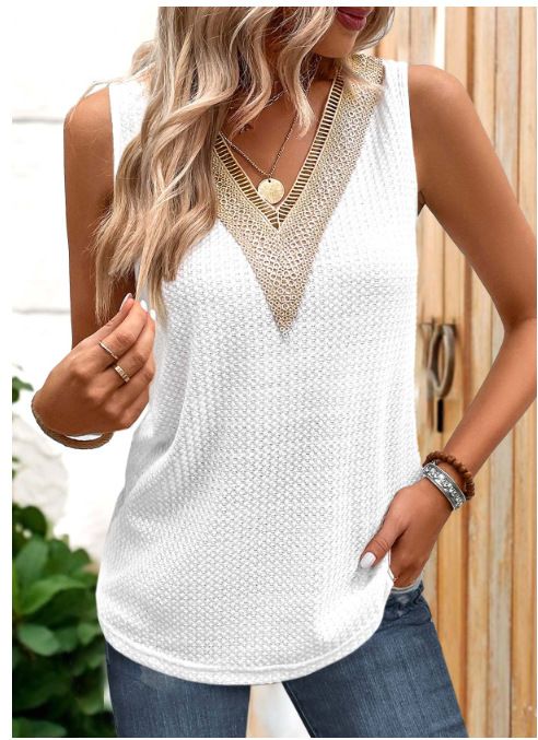 Einfarbiges Freizeithemd mit lockerem V-Ausschnitt und ärmelloser Weste für Damen_voghion.com