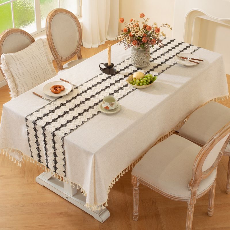 Nordic Splicing Craft Tablecloth Simple Fringed Tablecloth Dust-proof Restaurant Tablecloth_voghion.com