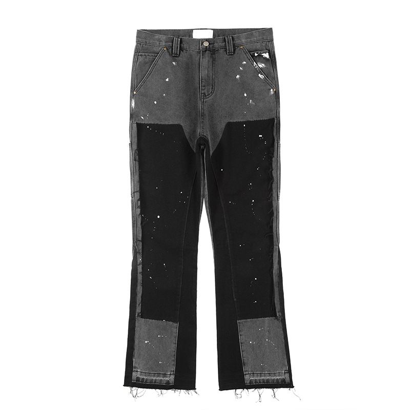 Vêtements pour hommes Jeans de bûcheron patchwork délavés et vieillis de la haute rue pour hommes Pantalons larges à imprimé éclaboussé d'encre tendance de la mode rétro_voghion.com