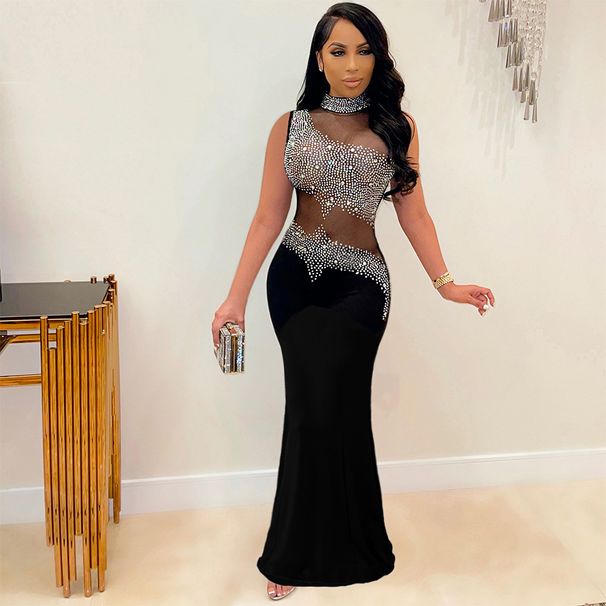 Damenbekleidung sexy durchsichtiges ärmelloses Kleid mit Strasssteinen Damen-Nachtclub-Abendkleid_voghion.com