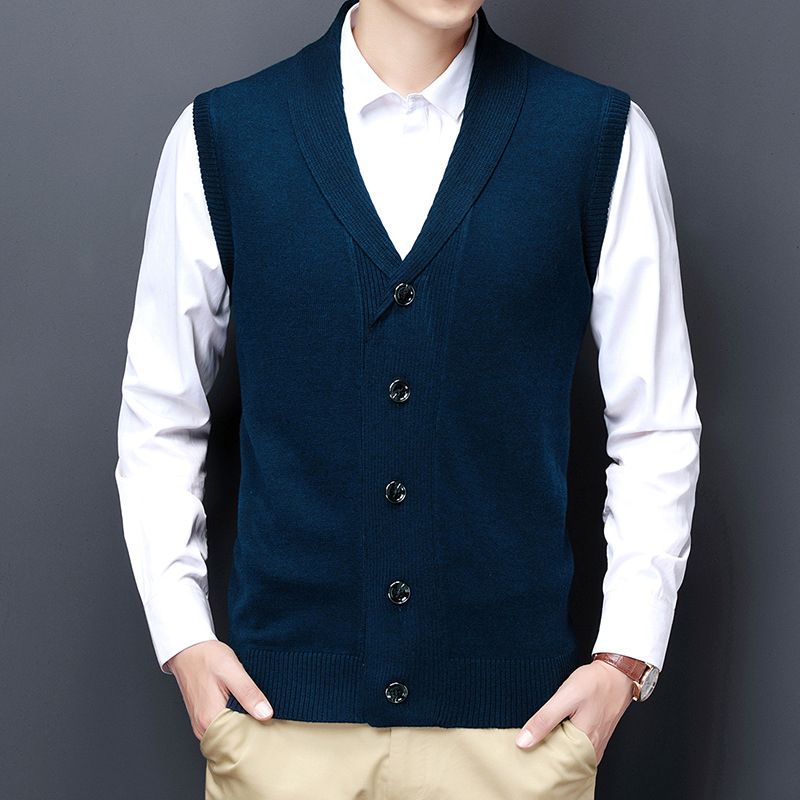 Cárdigan de punto sin mangas con cuello en V y mezcla de lana para hombre: elegante prenda informal para combinar en otoño (azul, gris, rojo, negro, gris oscuro), tallas M_voghion.com