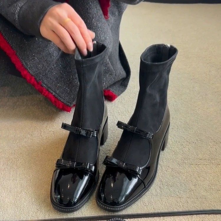 2025 Xiaoxiangfeng Elastic Thin Boots Bow Rear Zipper Thick Heel Short Boots High Heel Thin Socks Boots_voghion.com