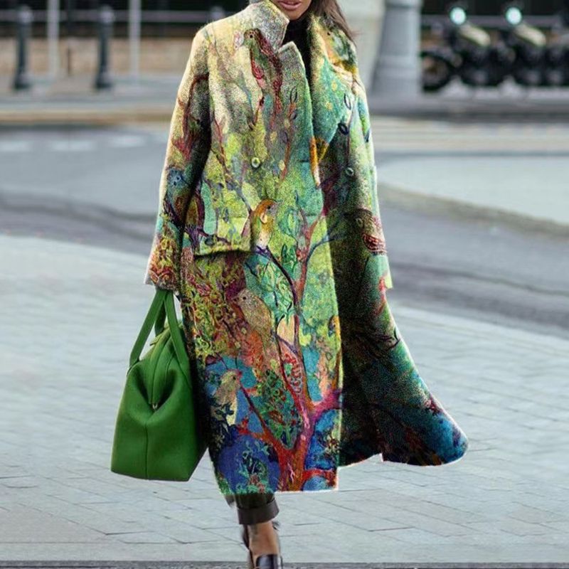 Women's clothing long-sleeved lapel jacket printed woolen long coat_voghion.com