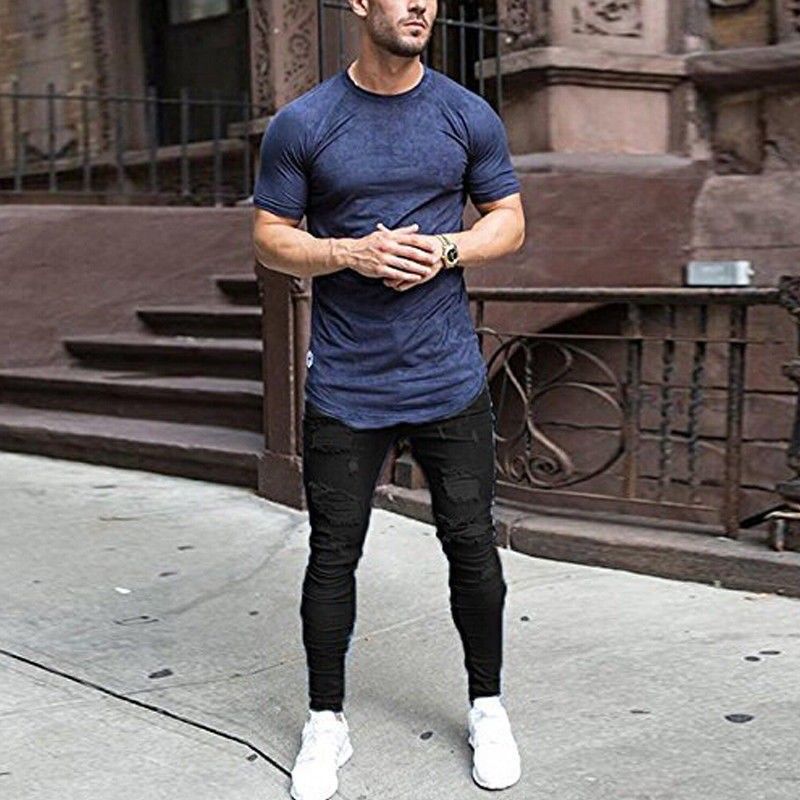 Pantaloni da uomo Station New con fori, jeans sfilacciati neri slim alla moda, pantaloni da uomo, un pezzo, spedizione diretta_voghion.com